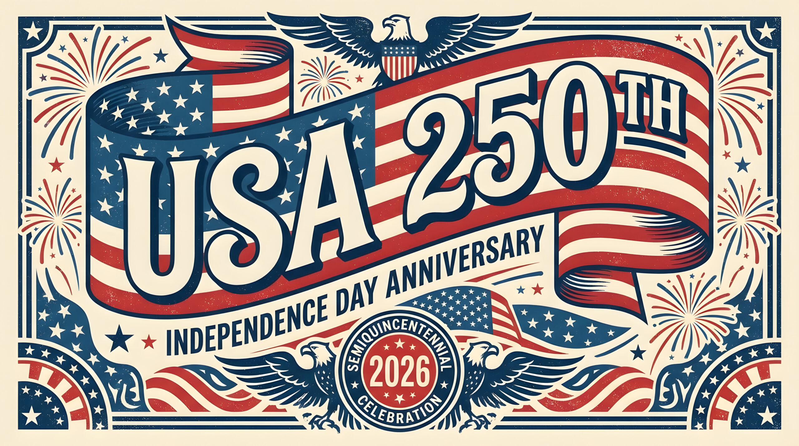 Vintage USA 250th Independence Day Anniversary Poster with Patriotic Stripes and Stars Design